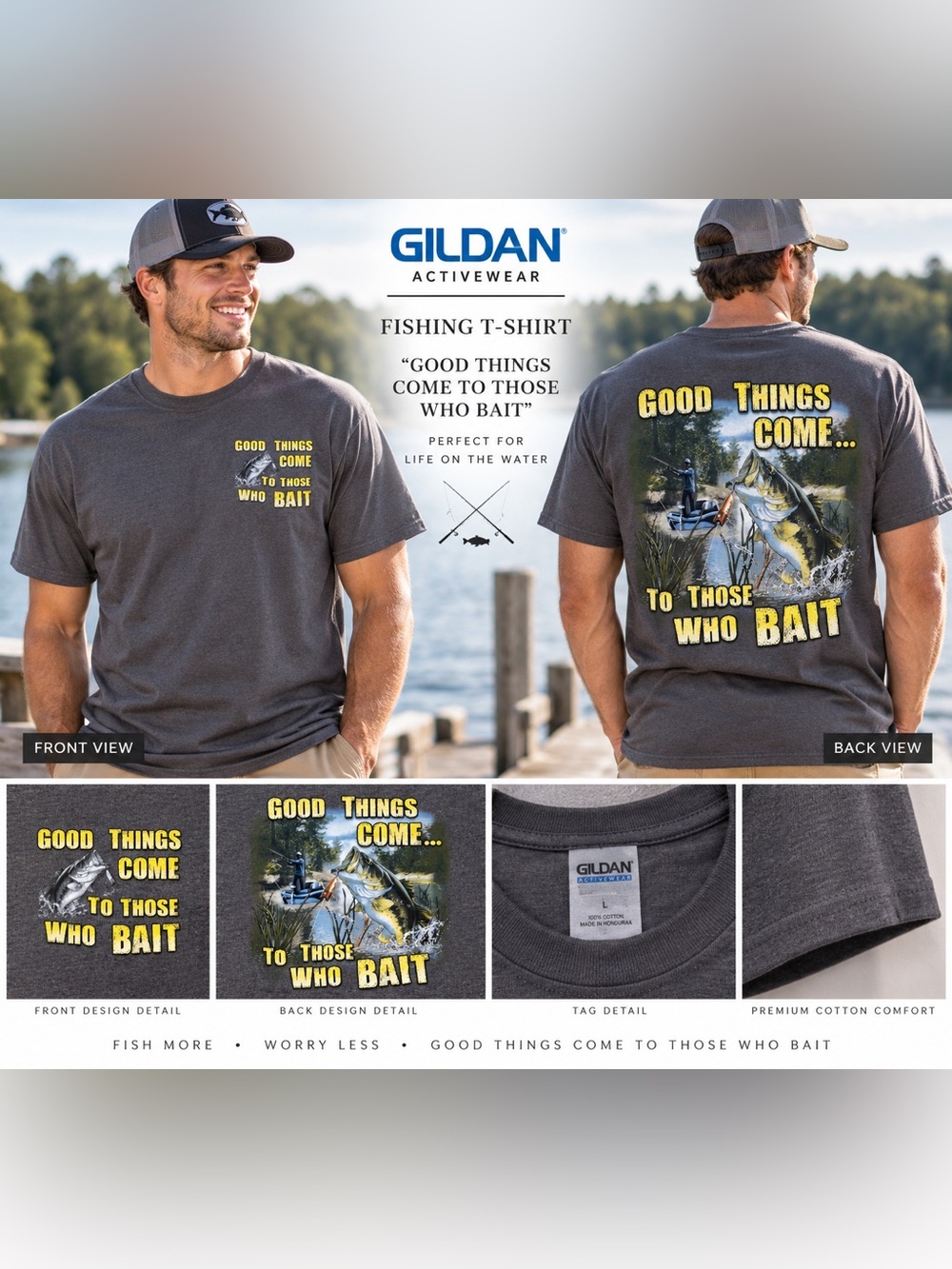 Fishing T-Shirt states “GOOD THINGS COME TO THOSE WHO BAIT” by Gildan (NWT)